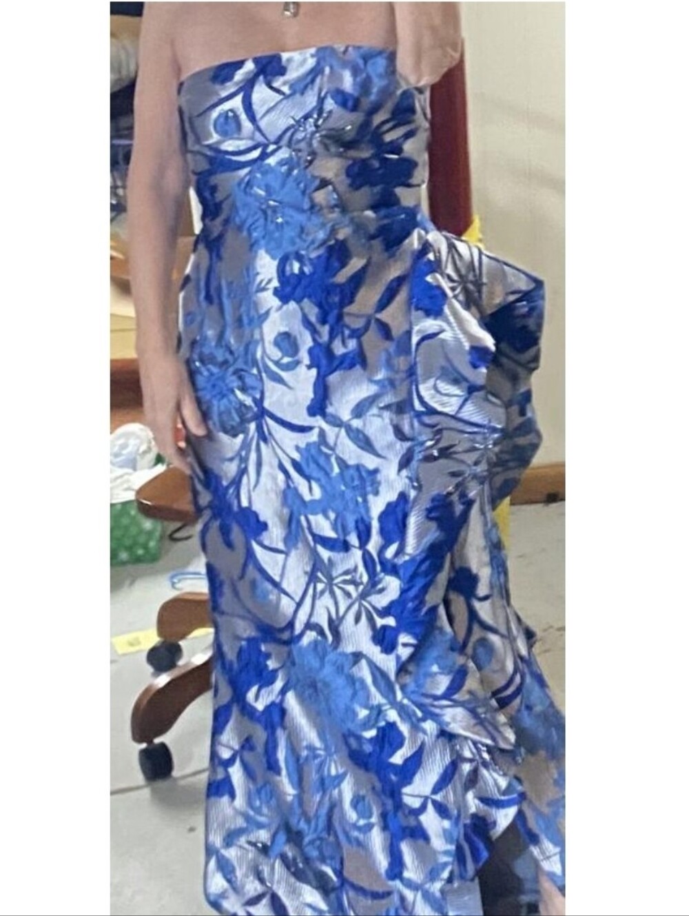 Donna Karen Blue Floral Strapless Brocade Gown - Picture 6 of 6